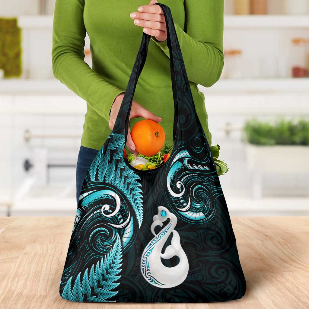 Turquoise New Zealand Grocery Bag Aotearoa Silver Fern With Manaia Maori