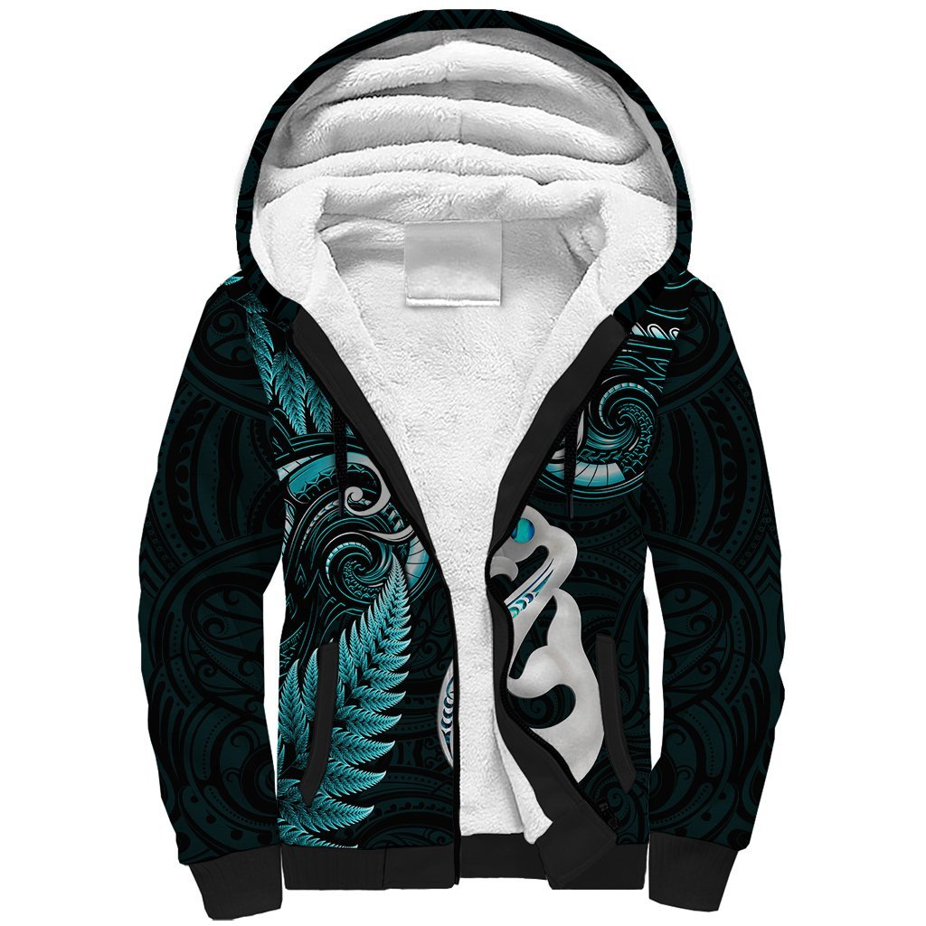 Personalised New Zealand Sherpa Hoodie Aotearoa Silver Fern With Manaia Maori Unique Turquoise LT14 Unisex Turquoise - Polynesian Pride
