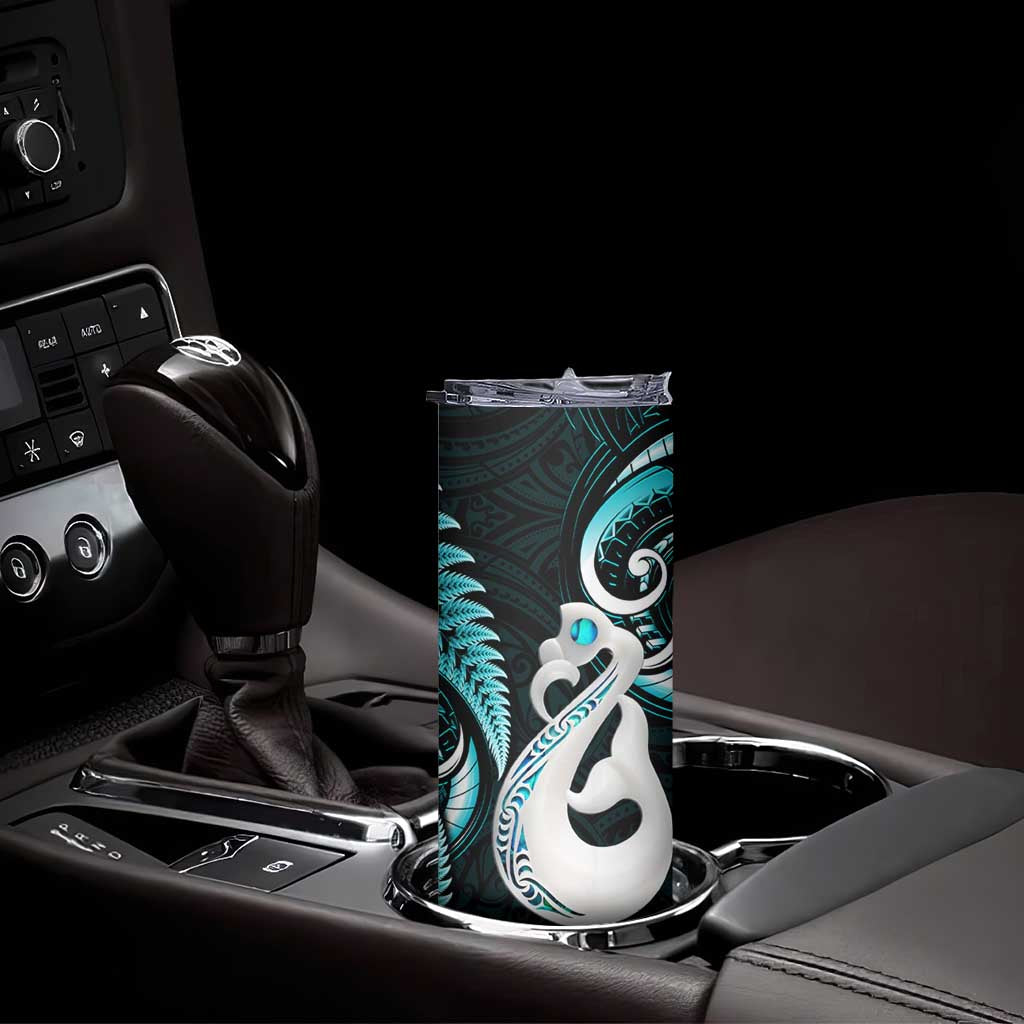 New Zealand Skinny Tumbler Aotearoa Silver Fern With Manaia Maori Unique Turquoise
