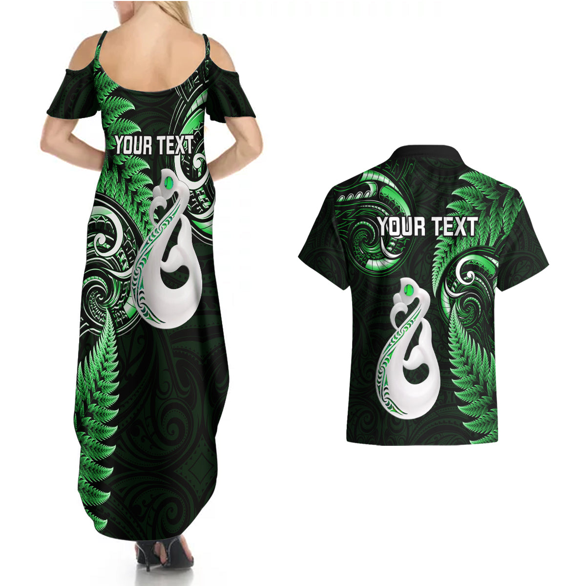 Personalised New Zealand Couples Summer Maxi Dress and Hawaiian Shirt Aotearoa Silver Fern With Manaia Maori Unique Green LT14 - Polynesian Pride