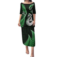 Personalised New Zealand Puletasi Aotearoa Silver Fern With Manaia Maori Unique Green LT14 Long Dress Green - Polynesian Pride