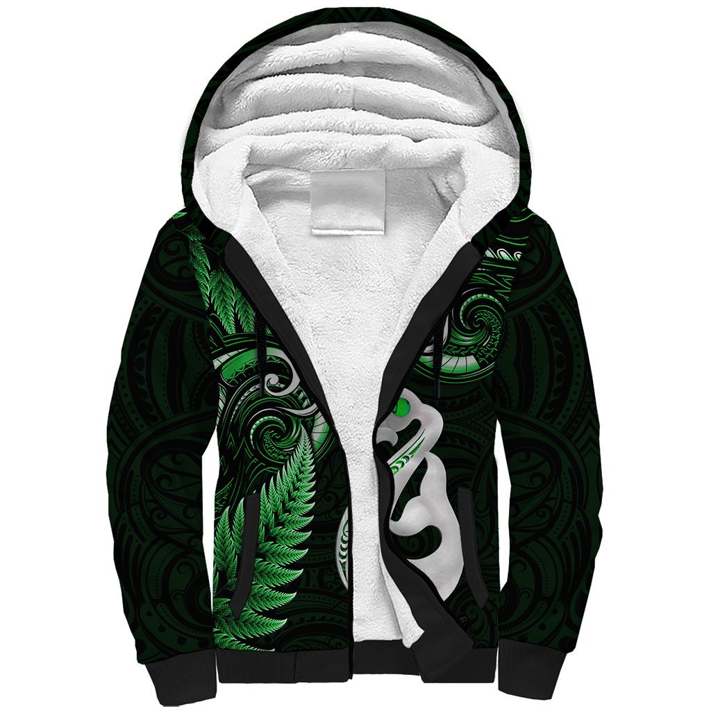 Personalised New Zealand Sherpa Hoodie Aotearoa Silver Fern With Manaia Maori Unique Green LT14 Unisex Green - Polynesian Pride
