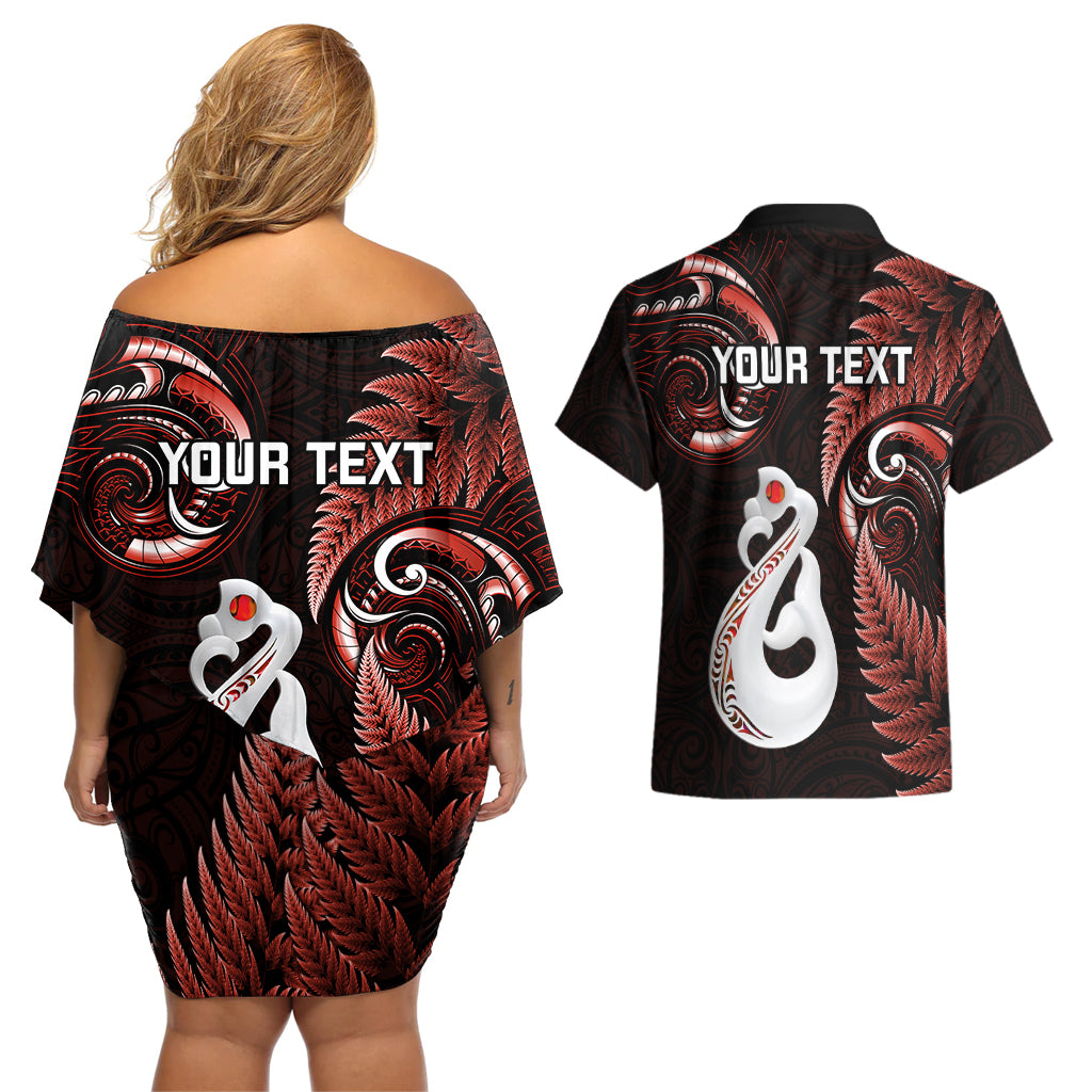Personalised New Zealand Couples Off The Shoulder Long Sleeve Dress and Hawaiian Shirt Aotearoa Silver Fern With Manaia Maori Unique Red LT14 - Polynesian Pride