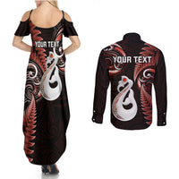 Personalised New Zealand Couples Summer Maxi Dress and Long Sleeve Button Shirts Aotearoa Silver Fern With Manaia Maori Unique Red LT14 - Polynesian Pride