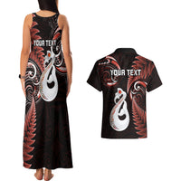 Personalised New Zealand Couples Matching Tank Maxi Dress And Hawaiian Shirt Aotearoa Silver Fern With Manaia Maori Unique Red LT14 - Polynesian Pride