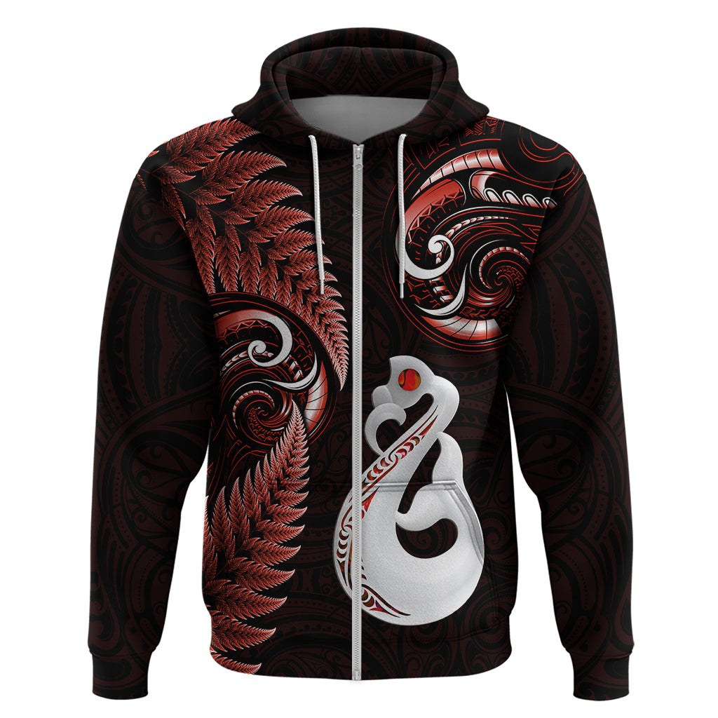 Custom New Zealand Hoodie Aotearoa Silver Fern With Manaia Maori Unique Red LT14 Zip Hoodie Red - Polynesian Pride