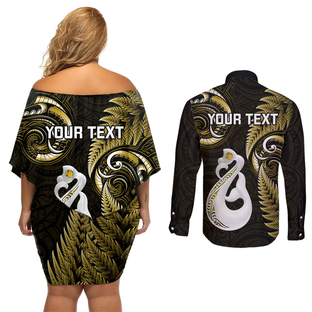 Personalised New Zealand Couples Off Shoulder Short Dress and Long Sleeve Button Shirts Aotearoa Silver Fern With Manaia Maori Unique Gold LT14 - Polynesian Pride