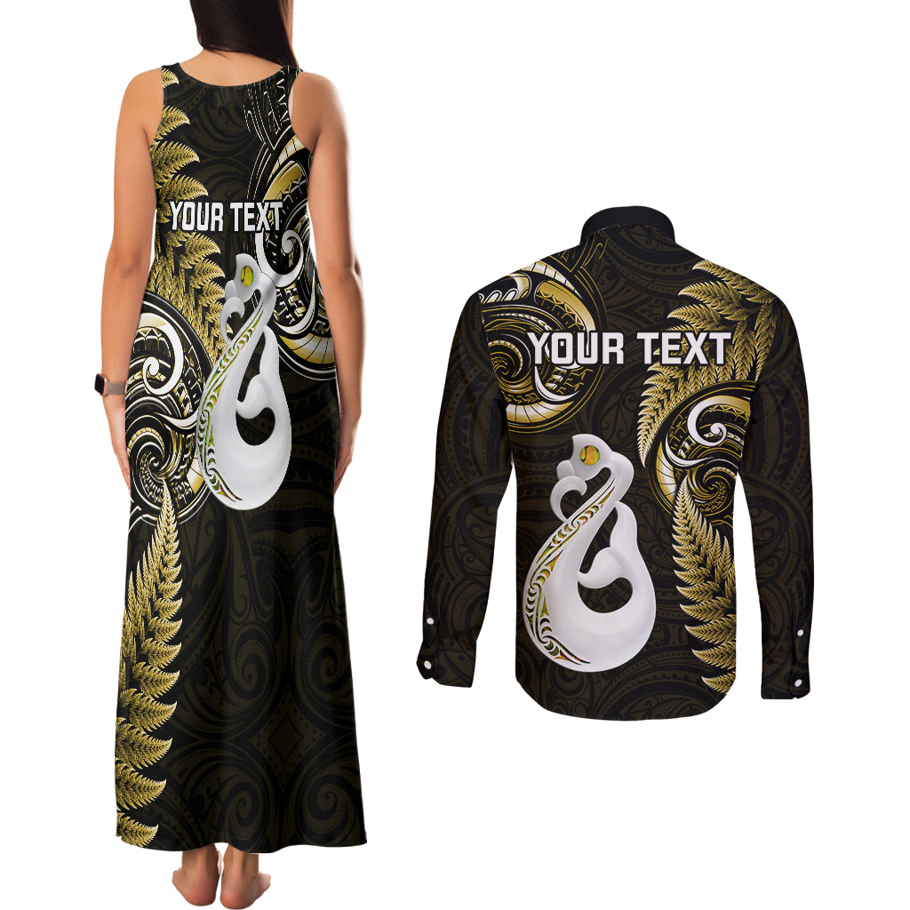 Personalised New Zealand Couples Matching Tank Maxi Dress and Long Sleeve Button Shirts Aotearoa Silver Fern With Manaia Maori Unique Gold LT14 - Polynesian Pride