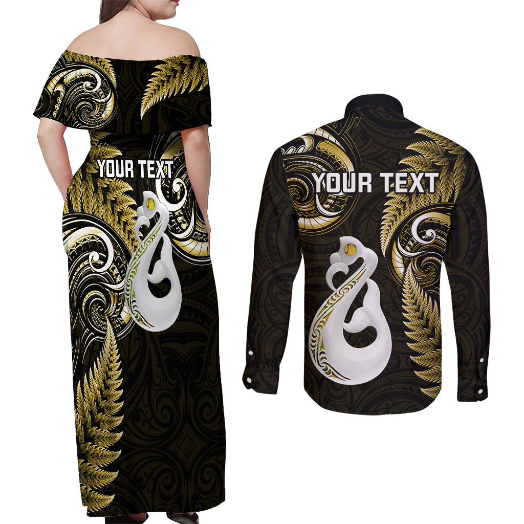 Personalised New Zealand Couples Off Shoulder Maxi Dress and Long Sleeve Button Shirts Aotearoa Silver Fern With Manaia Maori Unique Gold LT14 - Polynesian Pride