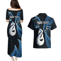 Personalised New Zealand Couples Puletasi Dress and Hawaiian Shirt Aotearoa Silver Fern With Manaia Maori Unique Blue LT14 - Polynesian Pride