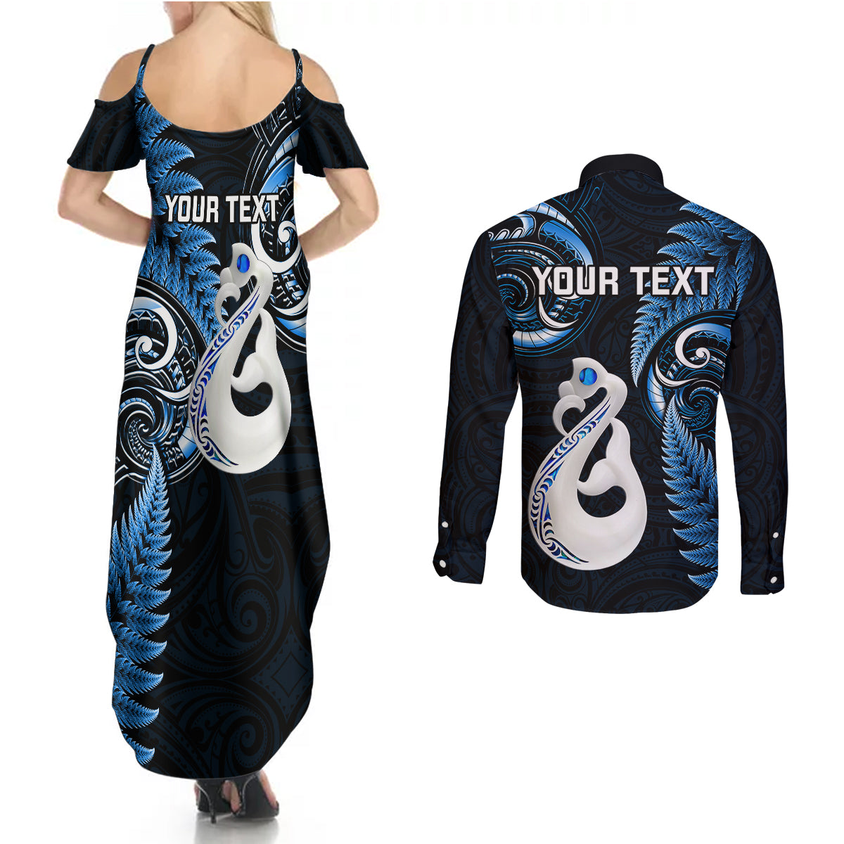Personalised New Zealand Couples Summer Maxi Dress and Long Sleeve Button Shirts Aotearoa Silver Fern With Manaia Maori Unique Blue LT14 - Polynesian Pride