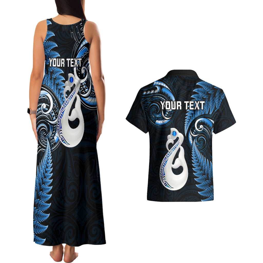 Personalised New Zealand Couples Matching Tank Maxi Dress And Hawaiian Shirt Aotearoa Silver Fern With Manaia Maori Unique Blue LT14 - Polynesian Pride