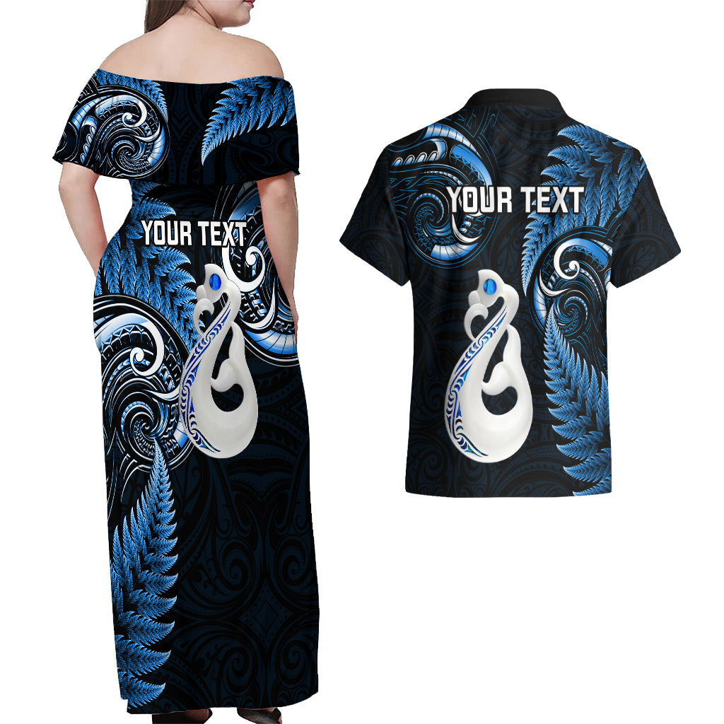 Personalised New Zealand Couples Off Shoulder Maxi Dress and Hawaiian Shirt Aotearoa Silver Fern With Manaia Maori Unique Blue LT14 - Polynesian Pride