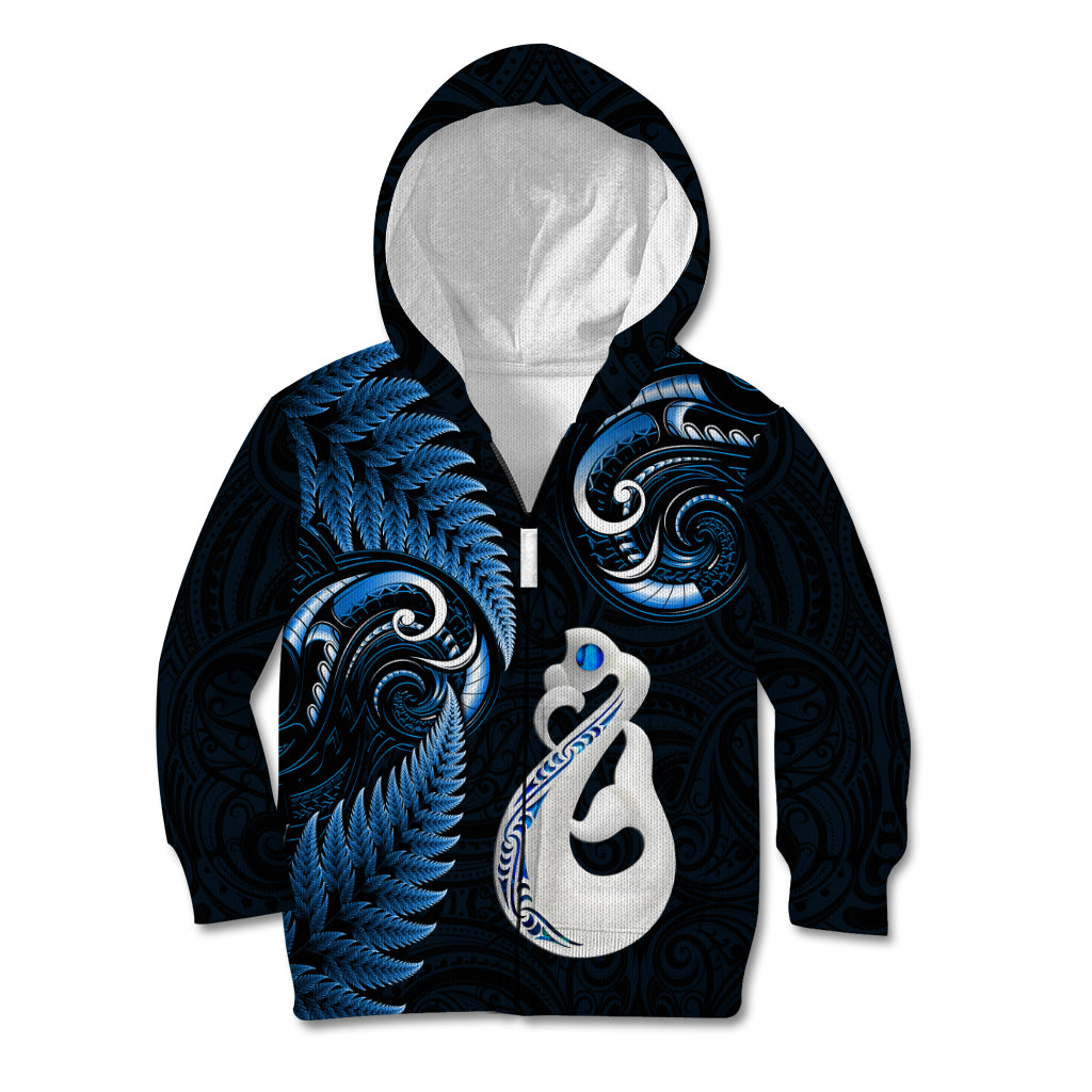 Personalised New Zealand Kid Hoodie Aotearoa Silver Fern With Manaia Maori Unique Blue LT14 Zip Hoodie Blue - Polynesian Pride