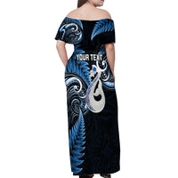 Personalised New Zealand Off Shoulder Maxi Dress Aotearoa Silver Fern With Manaia Maori Unique Blue LT14 - Polynesian Pride