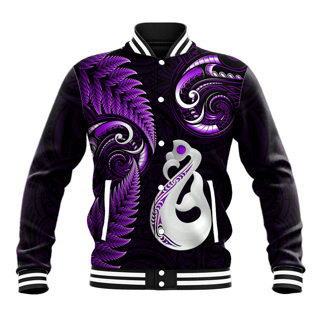 Personalised New Zealand Baseball Jacket Aotearoa Silver Fern With Manaia Maori Unique Purple LT14 Unisex Purple - Polynesian Pride