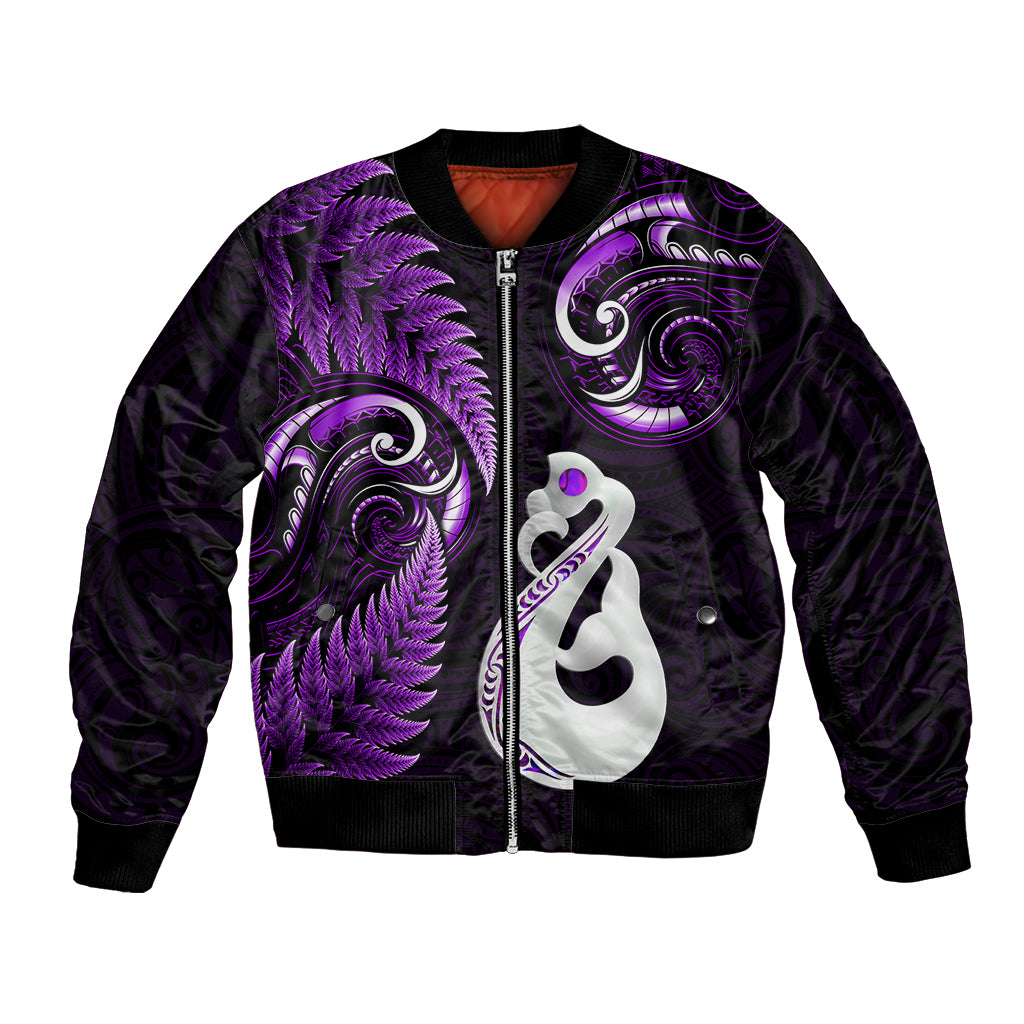Personalised New Zealand Bomber Jacket Aotearoa Silver Fern With Manaia Maori Unique Purple LT14 Unisex Purple - Polynesian Pride