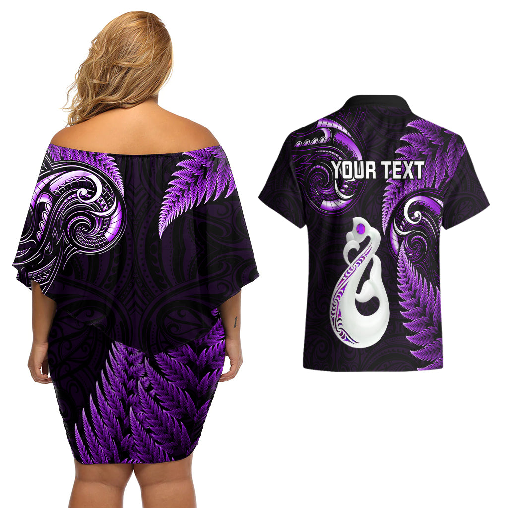 Personalised New Zealand Couples Off Shoulder Short Dress and Hawaiian Shirt Aotearoa Silver Fern With Manaia Maori Unique Purple LT14 - Polynesian Pride
