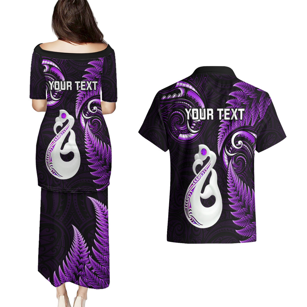 Personalised New Zealand Couples Puletasi Dress and Hawaiian Shirt Aotearoa Silver Fern With Manaia Maori Unique Purple LT14 - Polynesian Pride