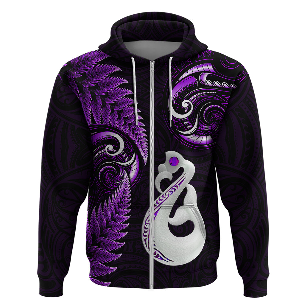 Custom New Zealand Hoodie Aotearoa Silver Fern With Manaia Maori Unique Purple LT14 Zip Hoodie Purple - Polynesian Pride
