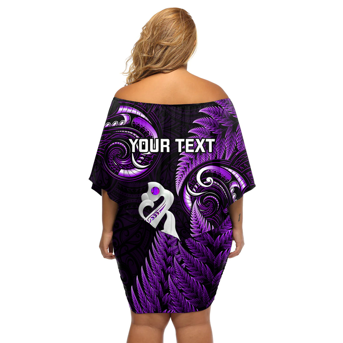 Personalised New Zealand Off Shoulder Short Dress Aotearoa Silver Fern With Manaia Maori Unique Purple LT14 - Polynesian Pride