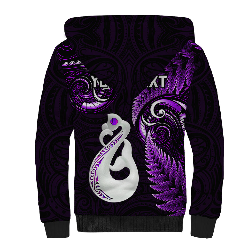 Personalised New Zealand Sherpa Hoodie Aotearoa Silver Fern With Manaia Maori Unique Purple LT14 - Polynesian Pride