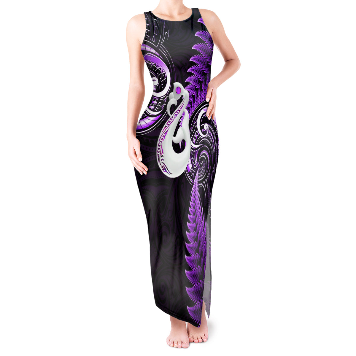 Personalised New Zealand Tank Maxi Dress Aotearoa Silver Fern With Manaia Maori Unique Purple LT14 Women Purple - Polynesian Pride