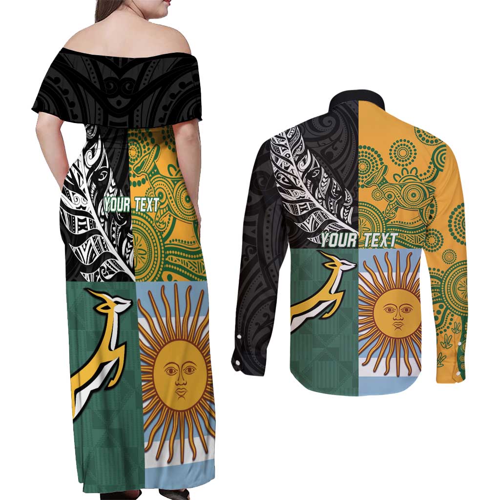 Personalised Rugby 2025 Championship Couples Matching Off Shoulder Maxi Dress and Long Sleeve Button Shirt Combination of Southern Hemisphere Countries - Polynesian Pride
