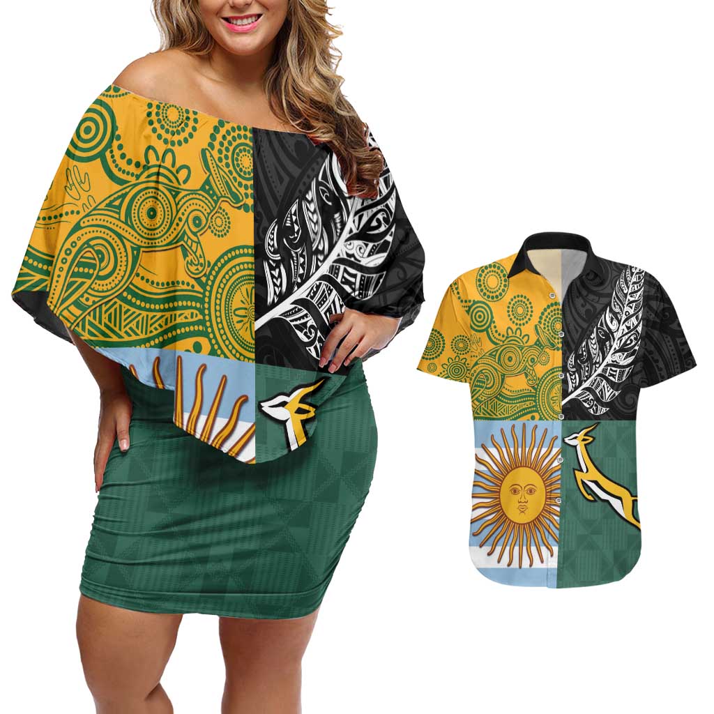 Personalised Rugby 2025 Championship Couples Matching Off Shoulder Short Dress and Hawaiian Shirt Combination of Southern Hemisphere Countries - Polynesian Pride