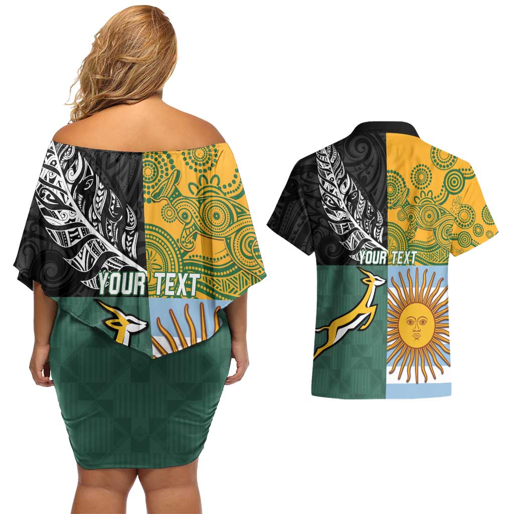 Personalised Rugby 2025 Championship Couples Matching Off Shoulder Short Dress and Hawaiian Shirt Combination of Southern Hemisphere Countries - Polynesian Pride