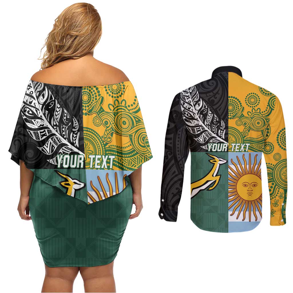 Personalised Rugby 2025 Championship Couples Matching Off Shoulder Short Dress and Long Sleeve Button Shirt Combination of Southern Hemisphere Countries - Polynesian Pride
