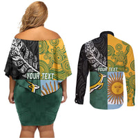 Personalised Rugby 2025 Championship Couples Matching Off Shoulder Short Dress and Long Sleeve Button Shirt Combination of Southern Hemisphere Countries - Polynesian Pride
