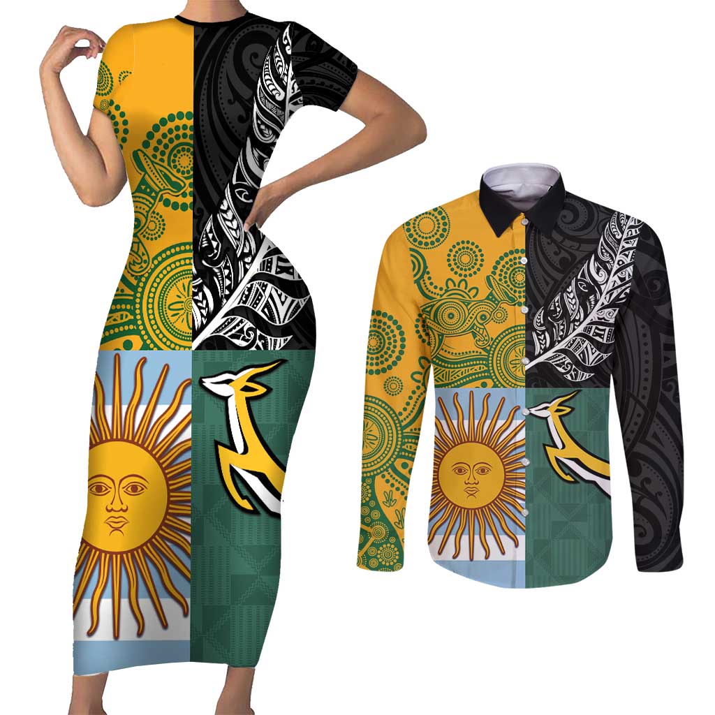 Personalised Rugby 2025 Championship Couples Matching Short Sleeve Bodycon Dress and Long Sleeve Button Shirt Combination of Southern Hemisphere Countries LT14 Black - Polynesian Pride
