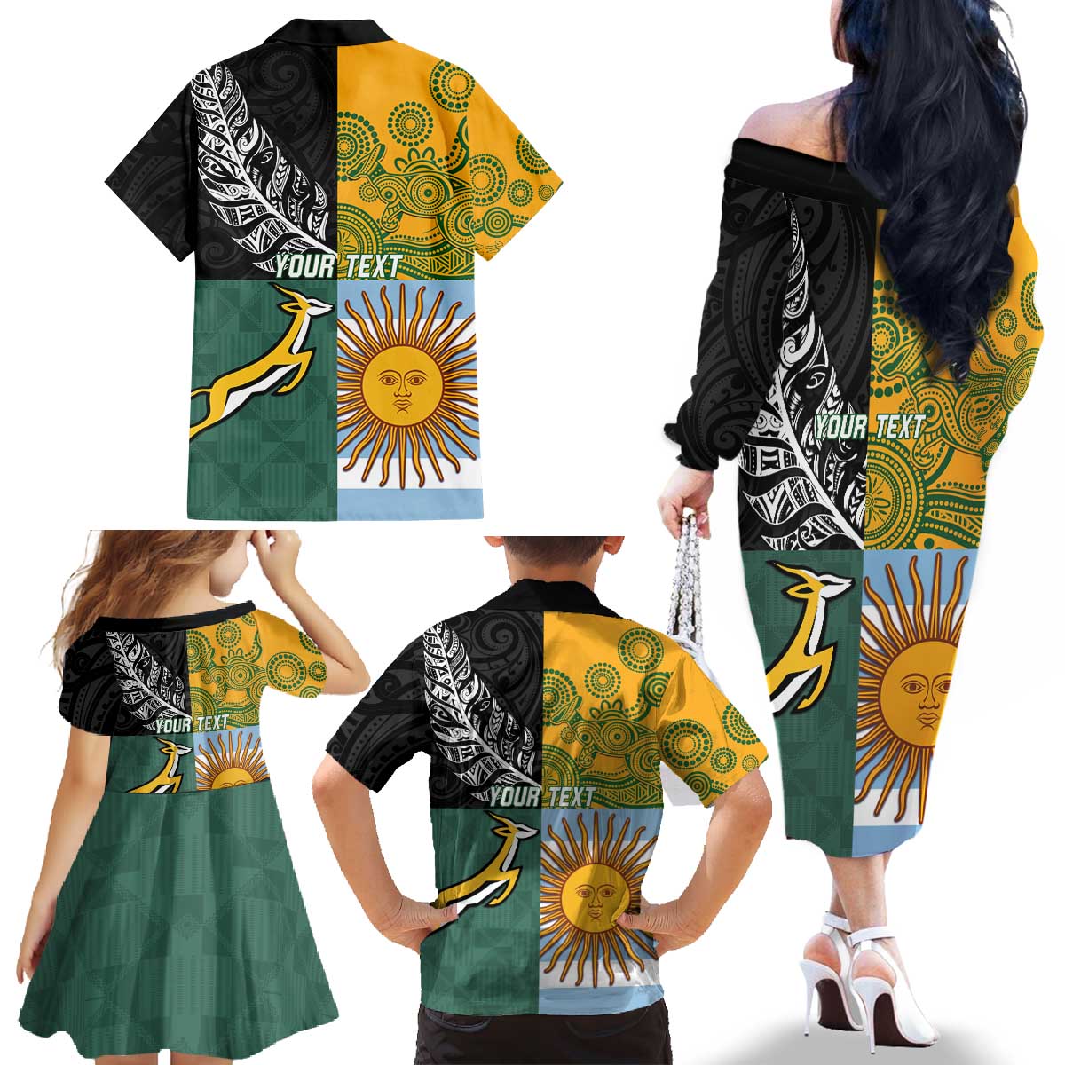 Personalised Rugby 2025 Championship Family Matching Off The Shoulder Long Sleeve Dress and Hawaiian Shirt Combination of Southern Hemisphere Countries - Polynesian Pride