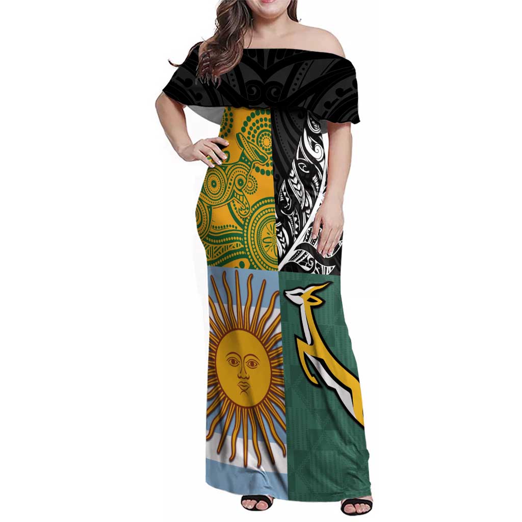 Personalised Rugby 2025 Championship Family Matching Off Shoulder Maxi Dress and Hawaiian Shirt Combination of Southern Hemisphere Countries - Polynesian Pride