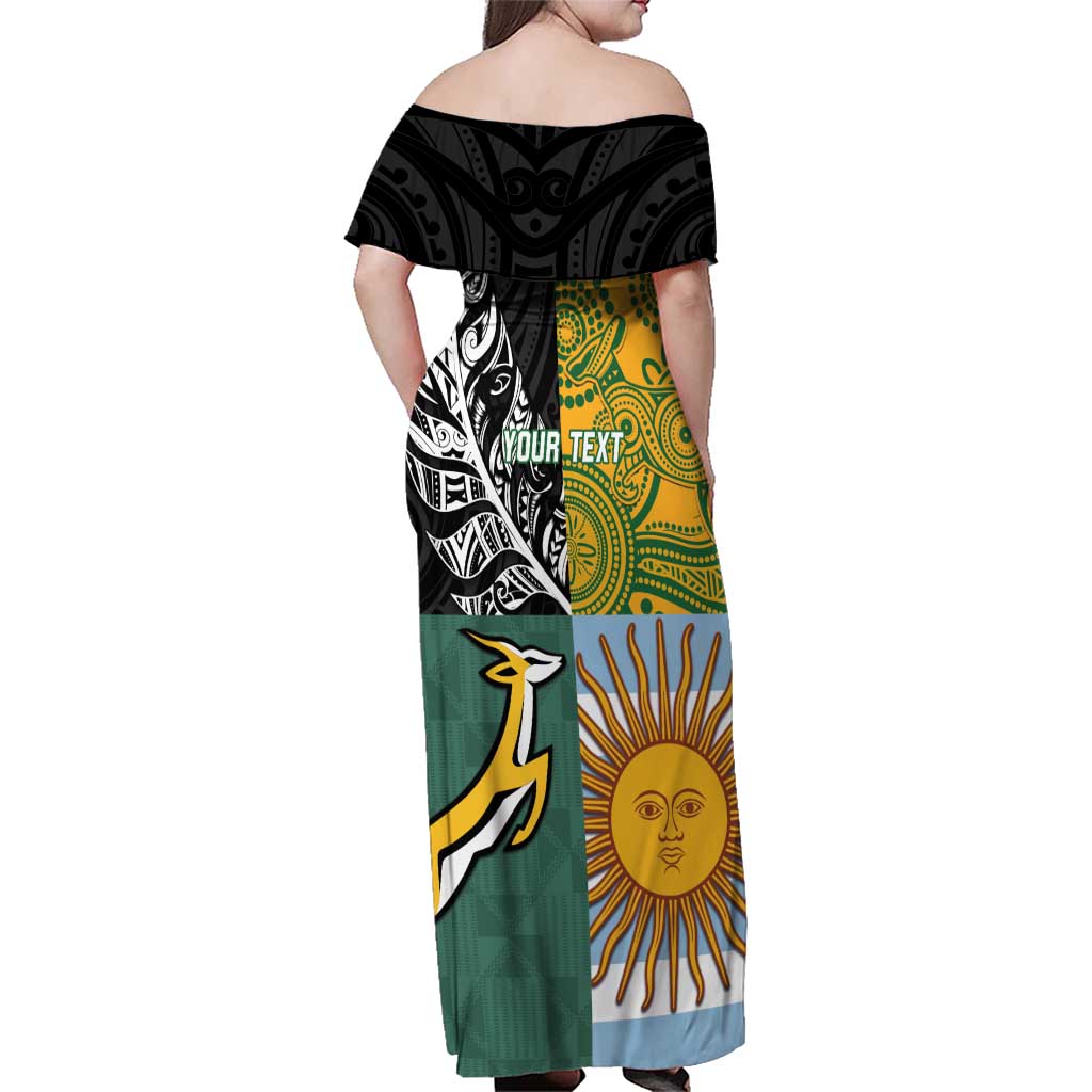 Personalised Rugby 2025 Championship Family Matching Off Shoulder Maxi Dress and Hawaiian Shirt Combination of Southern Hemisphere Countries - Polynesian Pride