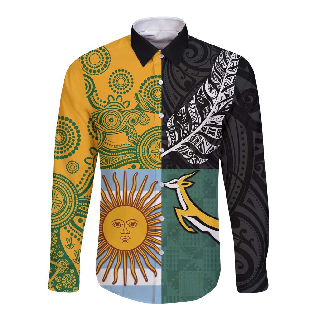 Personalised Rugby 2025 Championship Long Sleeve Button Shirt Combination of Southern Hemisphere Countries LT14 Unisex Black - Polynesian Pride
