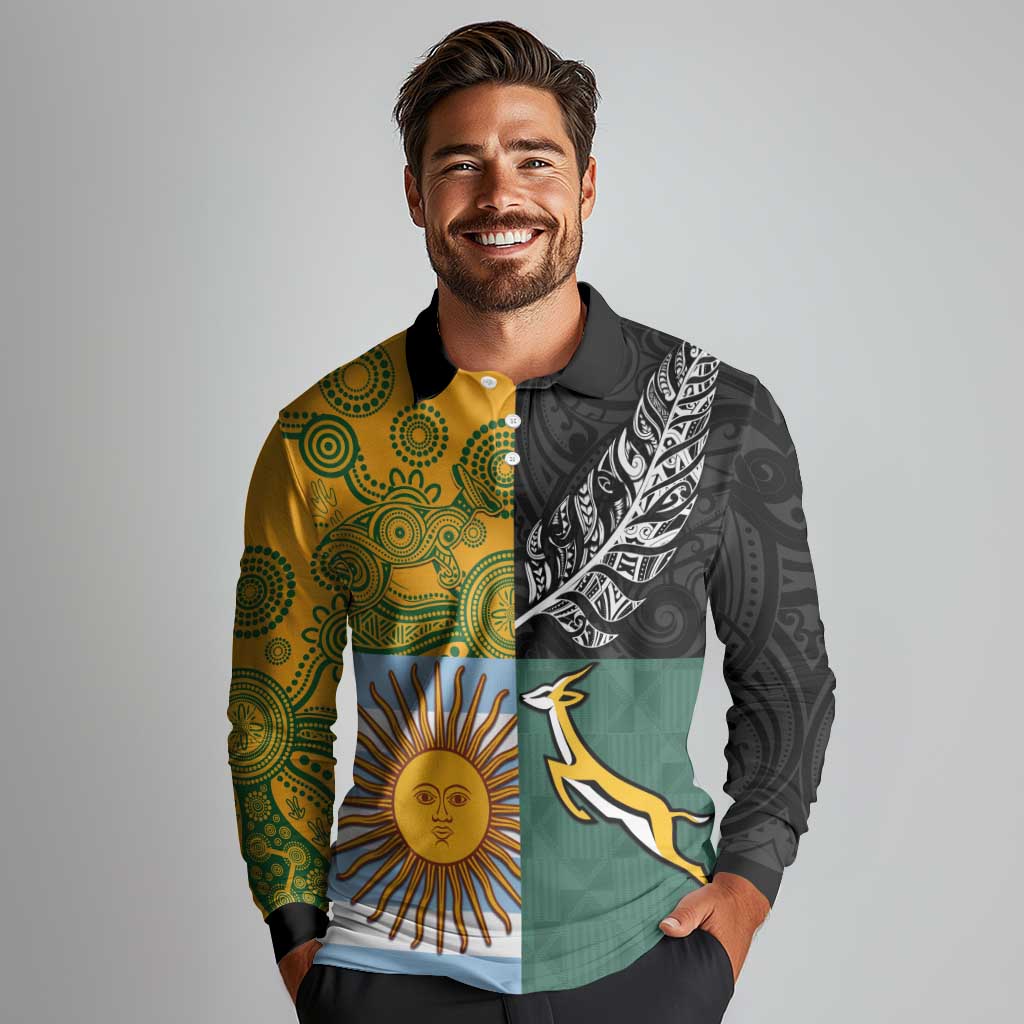 Personalised Rugby 2025 Championship Long Sleeve Polo Shirt Combination of Southern Hemisphere Countries - Polynesian Pride