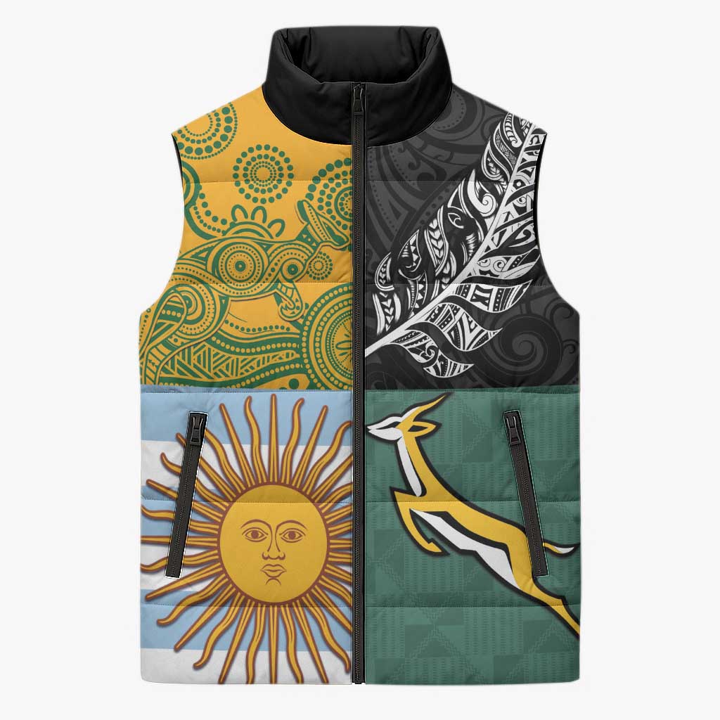 Personalised Rugby 2025 Championship Sleeveless Puffer Jacket Combination of Southern Hemisphere Countries LT14 Unisex Black - Polynesian Pride