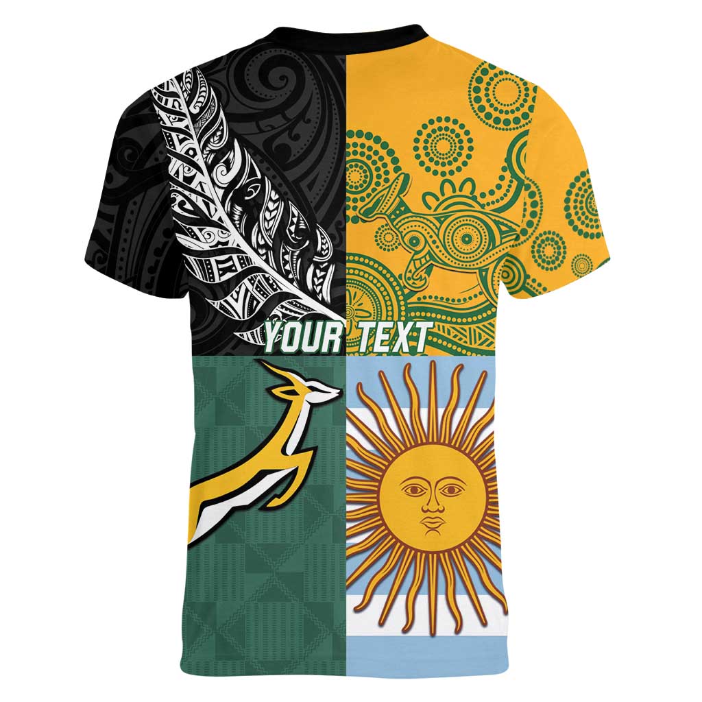 Personalised Rugby 2025 Championship Women V-Neck T-Shirt Combination of Southern Hemisphere Countries - Polynesian Pride