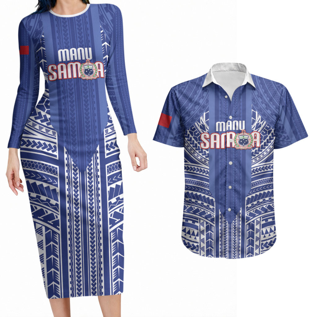 Custom Manu Samoa Rugby 2026 Couples Matching Long Sleeve Bodycon Dress and Hawaiian Shirt Samoan Pattern