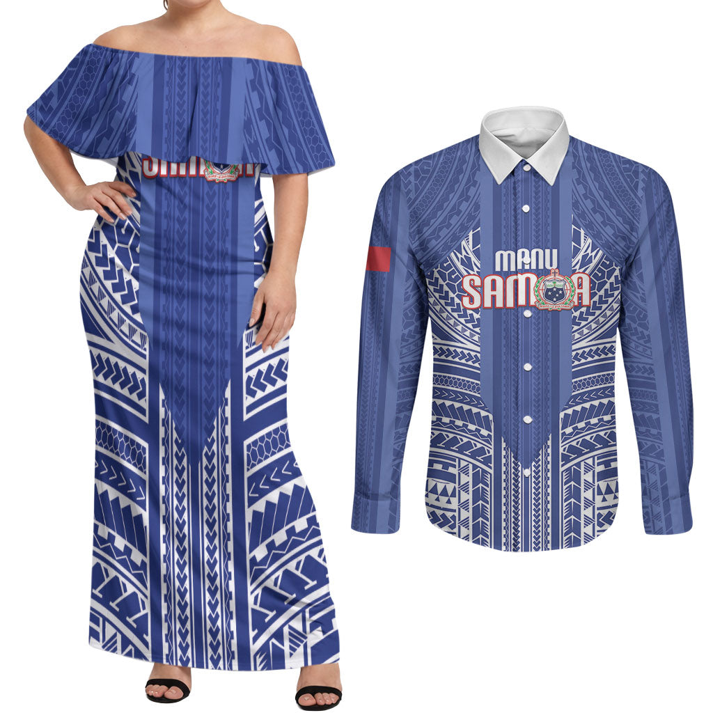 Custom Manu Samoa Rugby 2026 Couples Matching Off Shoulder Maxi Dress and Long Sleeve Button Shirt Samoan Pattern