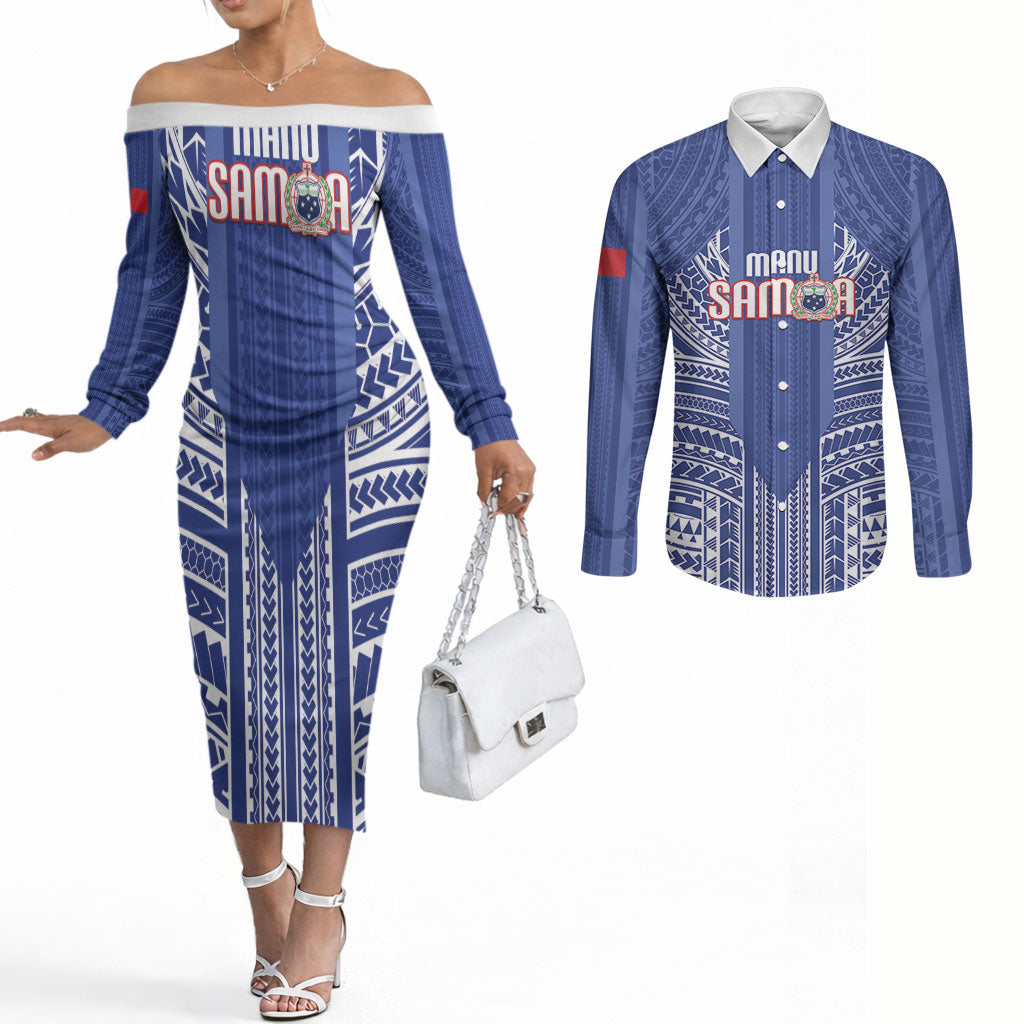 Custom Manu Samoa Rugby 2026 Couples Matching Off The Shoulder Long Sleeve Dress and Long Sleeve Button Shirt Samoan Pattern