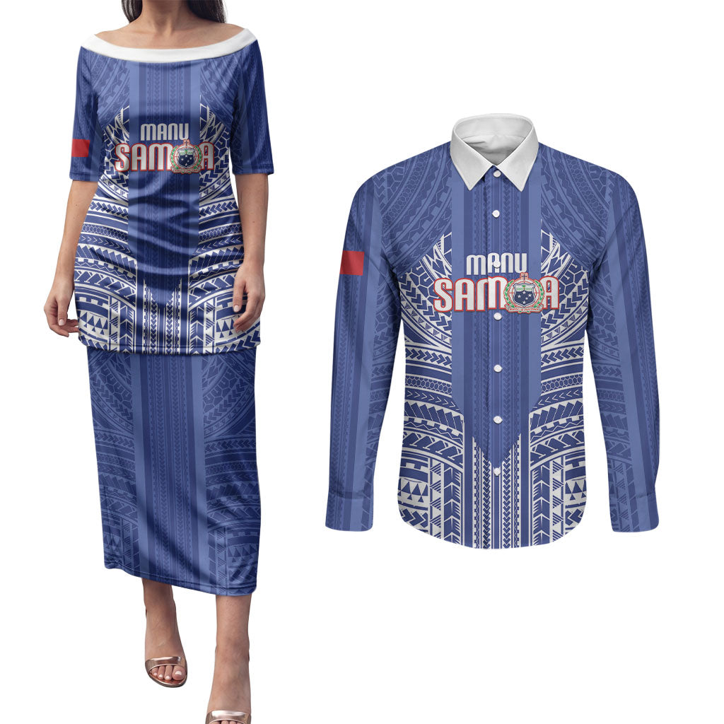 Custom Manu Samoa Rugby 2026 Couples Matching Puletasi and Long Sleeve Button Shirt Samoan Pattern