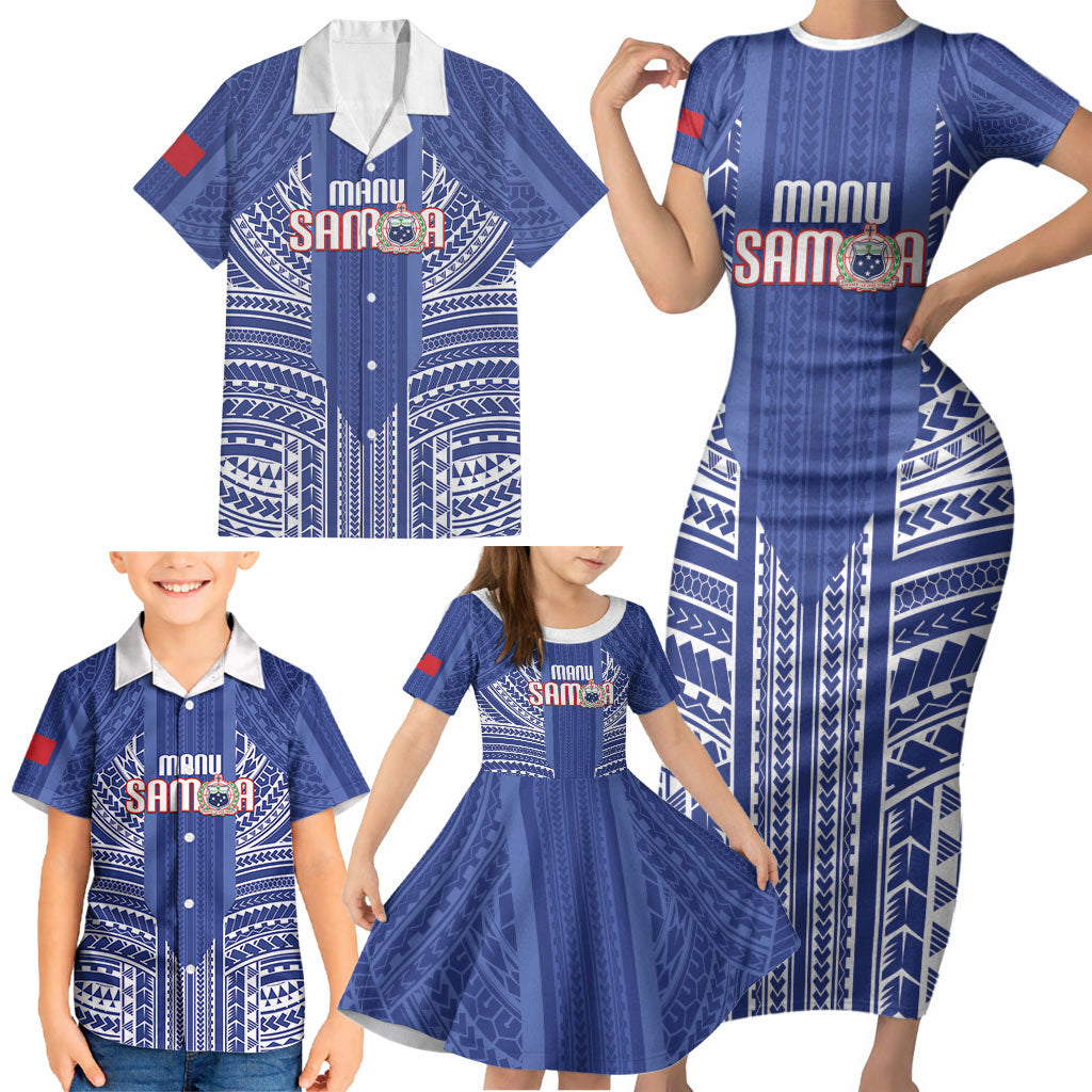 Custom Manu Samoa Rugby 2026 Family Matching Short Sleeve Bodycon Dress and Hawaiian Shirt Samoan Pattern