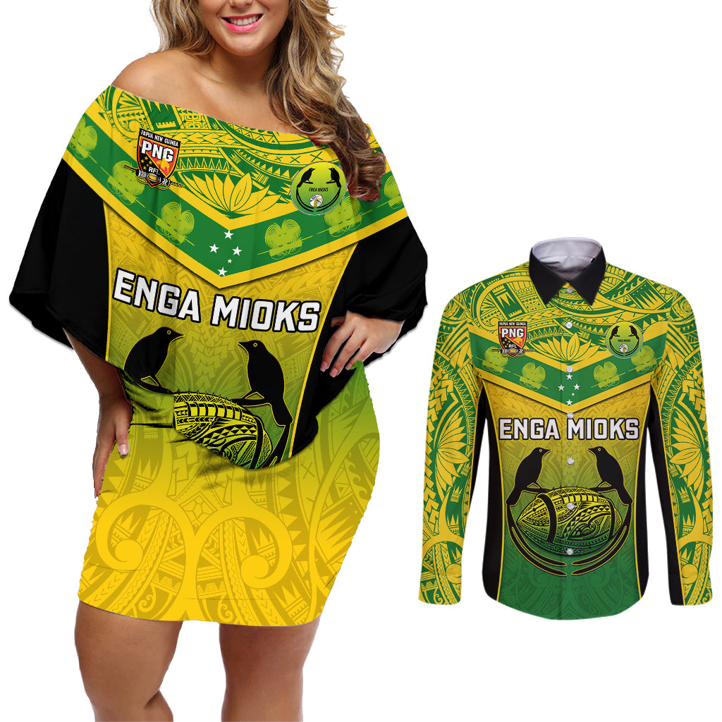 Papua New Guinea Rugby Couples Matching Off Shoulder Short Dress and Long Sleeve Button Shirts Enga Mioks PNG Polynesian Pattern LT14 Green - Polynesian Pride