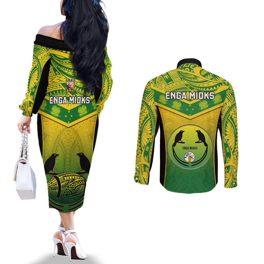 Papua New Guinea Rugby Couples Matching Off The Shoulder Long Sleeve Dress and Long Sleeve Button Shirts Enga Mioks PNG Polynesian Pattern LT14 - Polynesian Pride