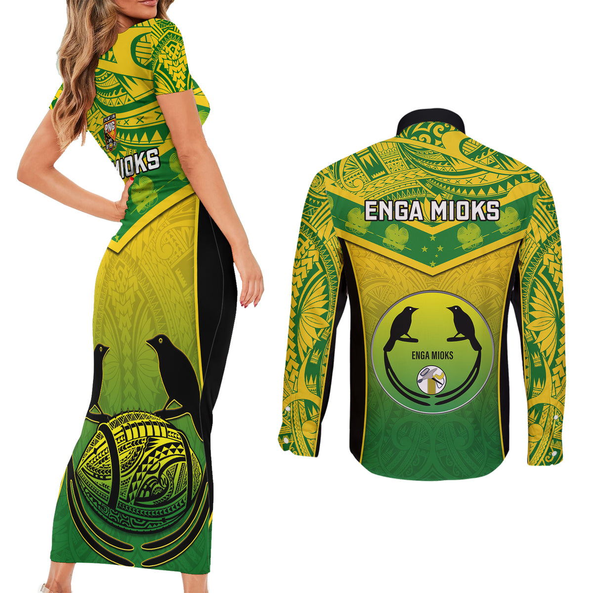 Papua New Guinea Rugby Couples Matching Short Sleeve Bodycon Dress and Long Sleeve Button Shirts Enga Mioks PNG Polynesian Pattern LT14 - Polynesian Pride