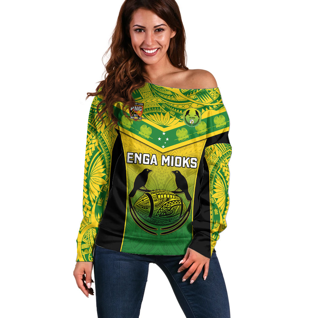 Papua New Guinea Rugby Off Shoulder Sweater Enga Mioks PNG Polynesian Pattern LT14 Women Green - Polynesian Pride