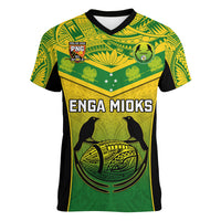 Custom Papua New Guinea Rugby Women V Neck T Shirt Enga Mioks PNG Polynesian Pattern LT14 Female Green - Polynesian Pride